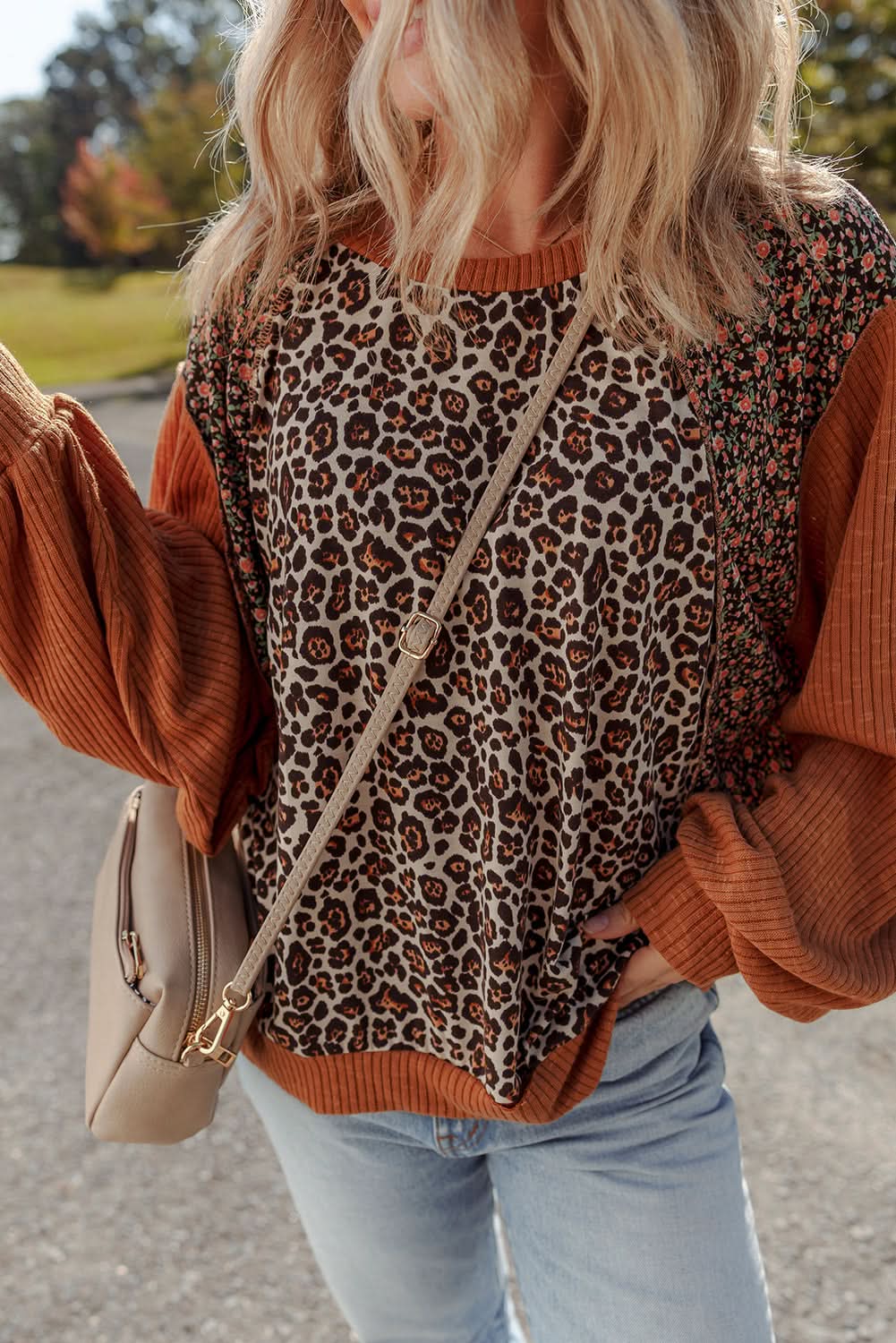 Natalie Leopard & Floral Patchwork Loose Top in - Tops/Long Sleeve Tops photo