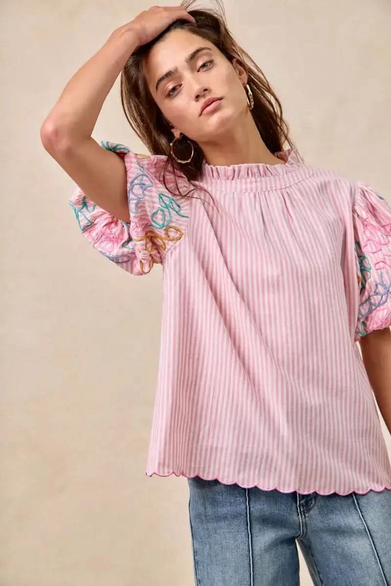 BiBi Embroidery Bubble Sleeve Top With Bottom Scallop Detail in - photo