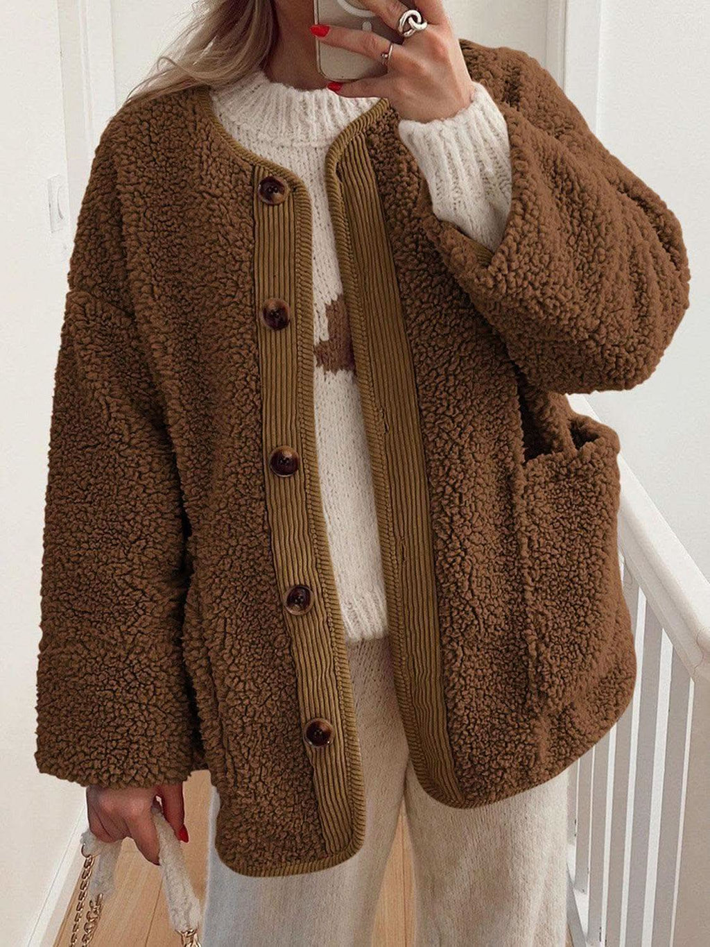 Contrast Button Up Sherpa Jacket with Pockets in - photo