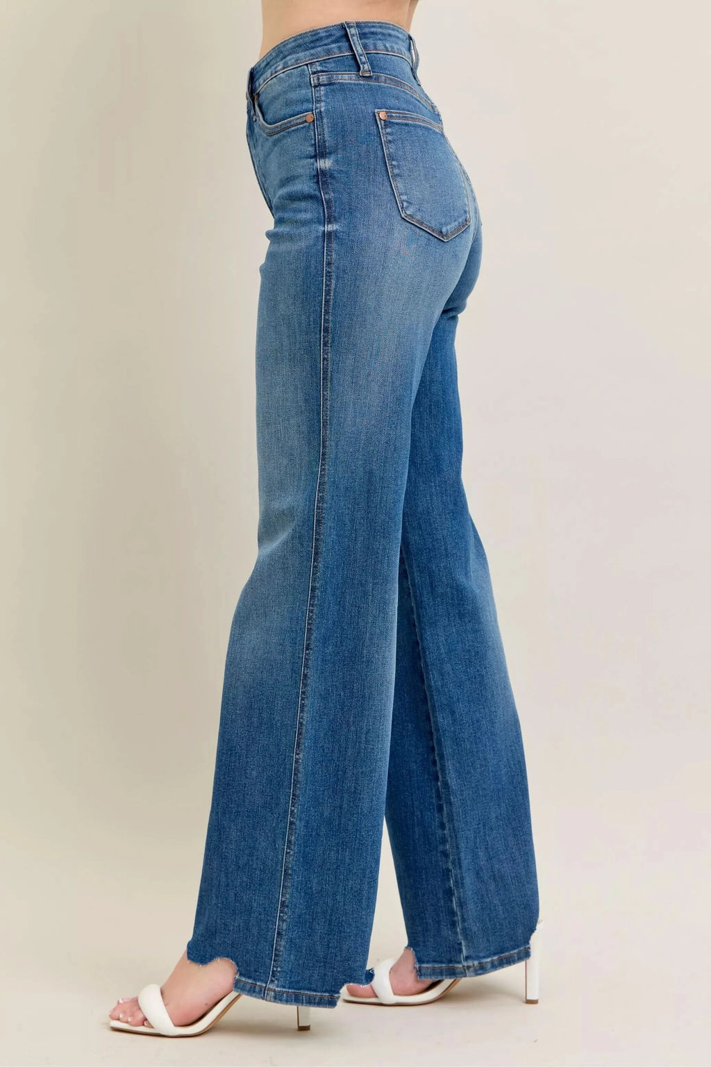 Judy Blue Full Size High Waist Tummy Control Chew Hem Destroy Wide Jeans Plus Size in - photo