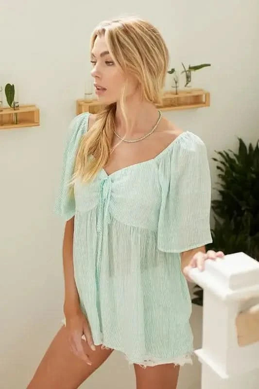 Lime 'N' Chili Thin Striped with Tie Front Babydoll Top in - photo
