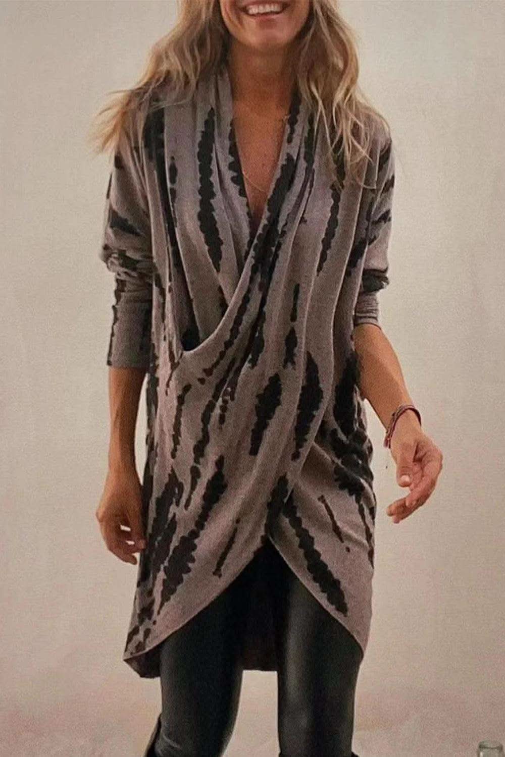 Full Size Contrast Long Sleeve Longline Top in Taupe - photo