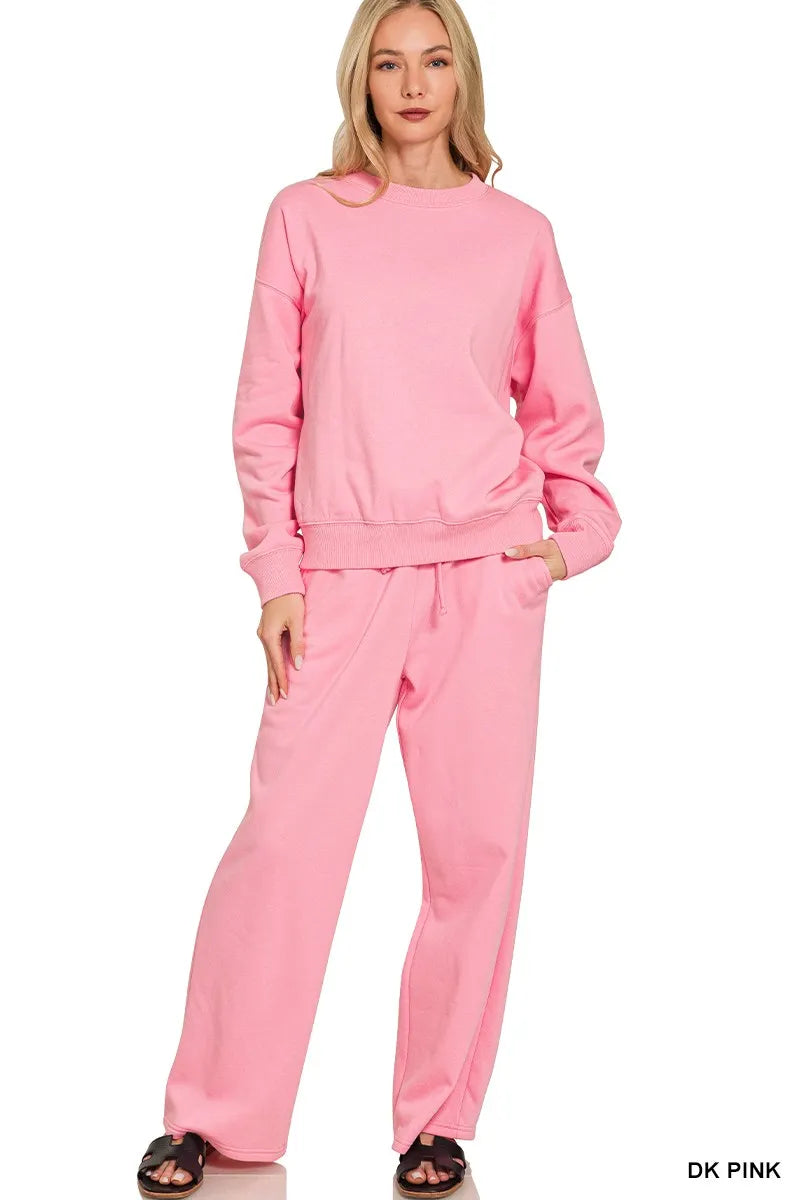 Zenana Fleece Long Sleeve Top and Sweatpants Set in DK PINK - photo