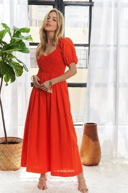 ADORA Popcorn Smocked Puff Sleeve Dress - SwagglyLife Home & Fashion