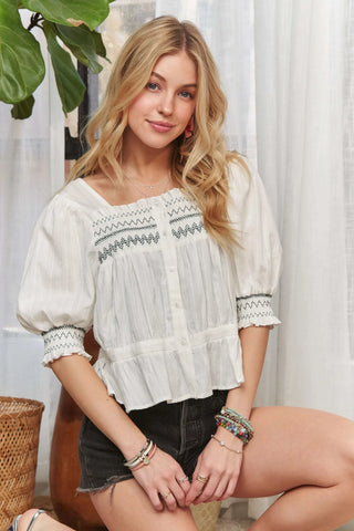 ADORA Smocked Puff Sleeve Peasant Blouse - SwagglyLife Home & Fashion ADORA Smocked Puff Sleeve Peasant Blouse - SwagglyLife Home & Fashion