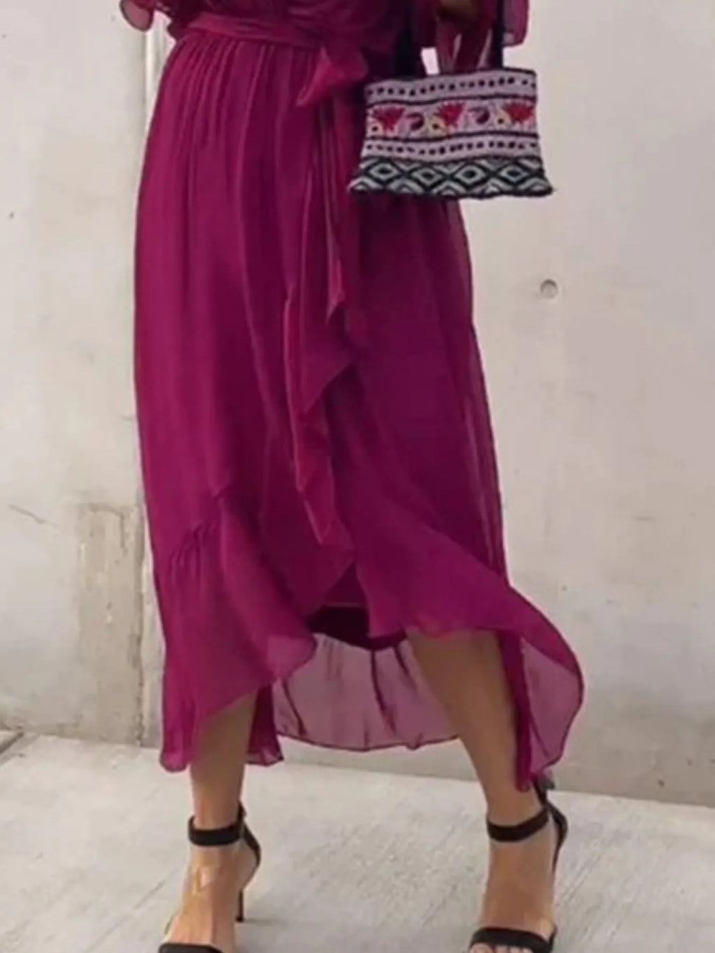 Flowy Tie Front Midi Dress with Flutter Sleeves in - photo