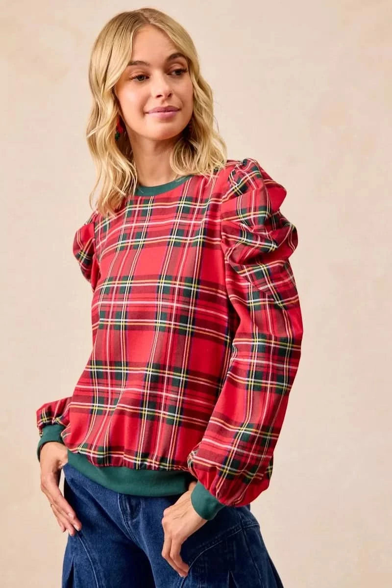 BiBi Christmas Plaid Exaggerated Shoulder Sleeves Top in - photo