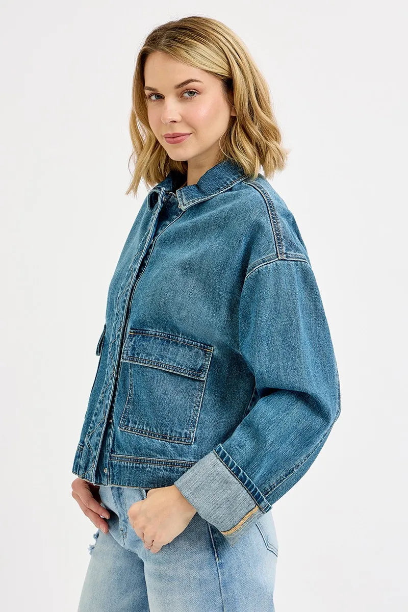 RISEN Oversized Cargo Pocket Denim Jacket with Cuffed Sleeves in - photo