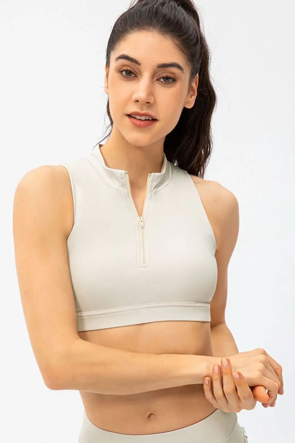 Full Size Cropped Cutout Back Zipper Front Active Tank Top in White - photo