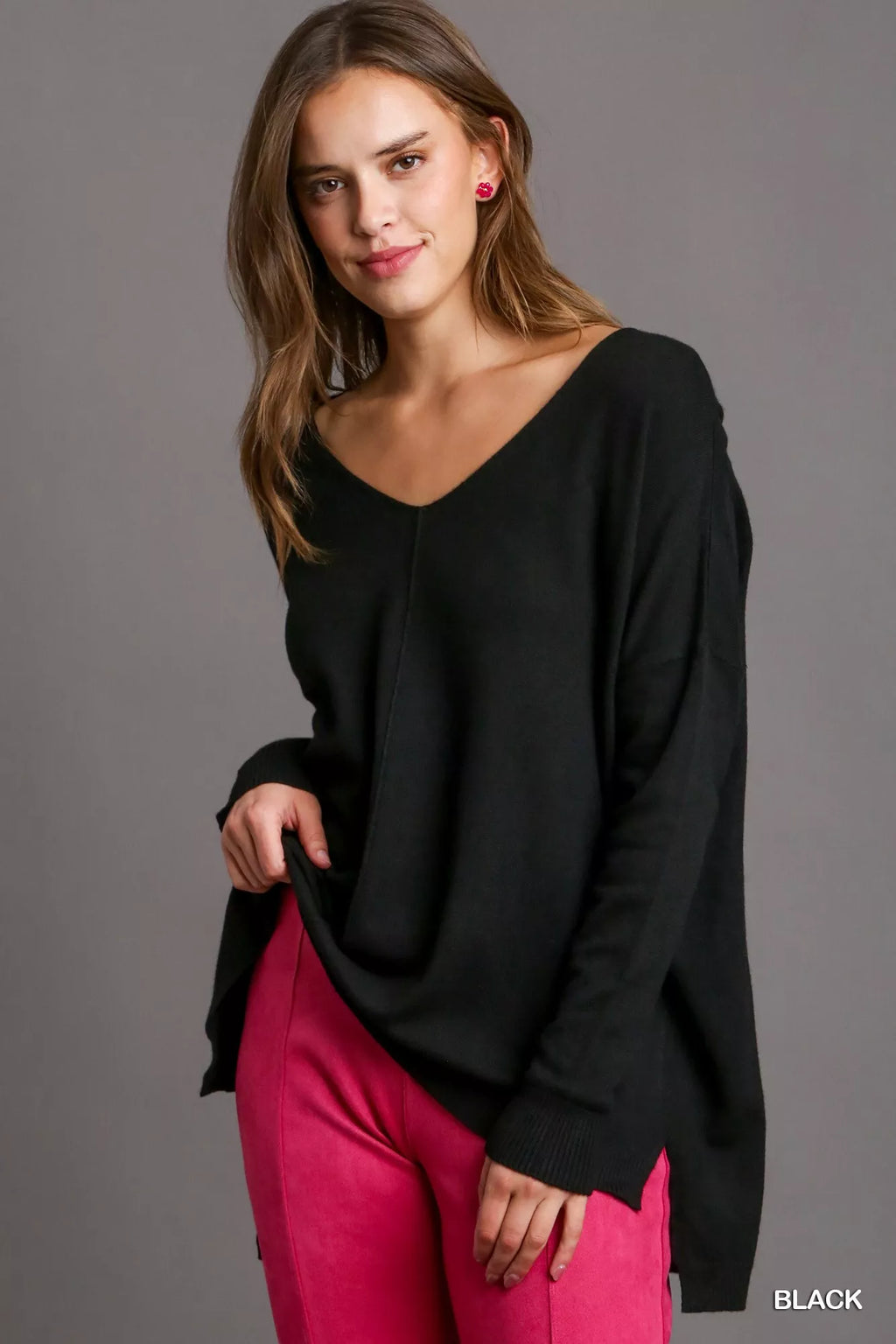Umgee V-Neck High Low Hem Knit Top with Side Slit in Black - photo