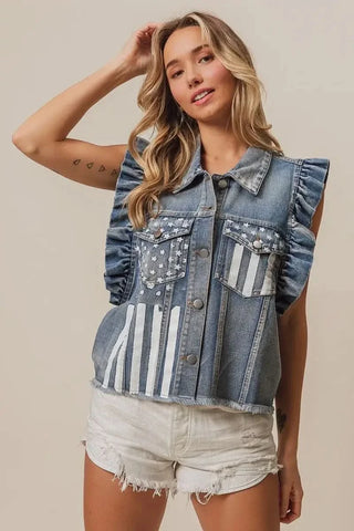 BiBi American Flag Washed Denim Jacket - SwagglyLife Home & Fashion BiBi American Flag Washed Denim Jacket - SwagglyLife Home & Fashion