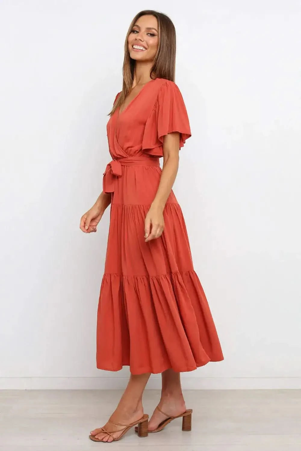 Tied Tiered Short Sleeve Midi Dress in - photo