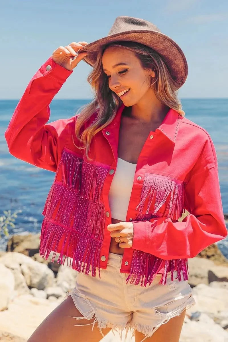 BiBi Rhinestone Fringe with Studed Collar Jacket in - photo