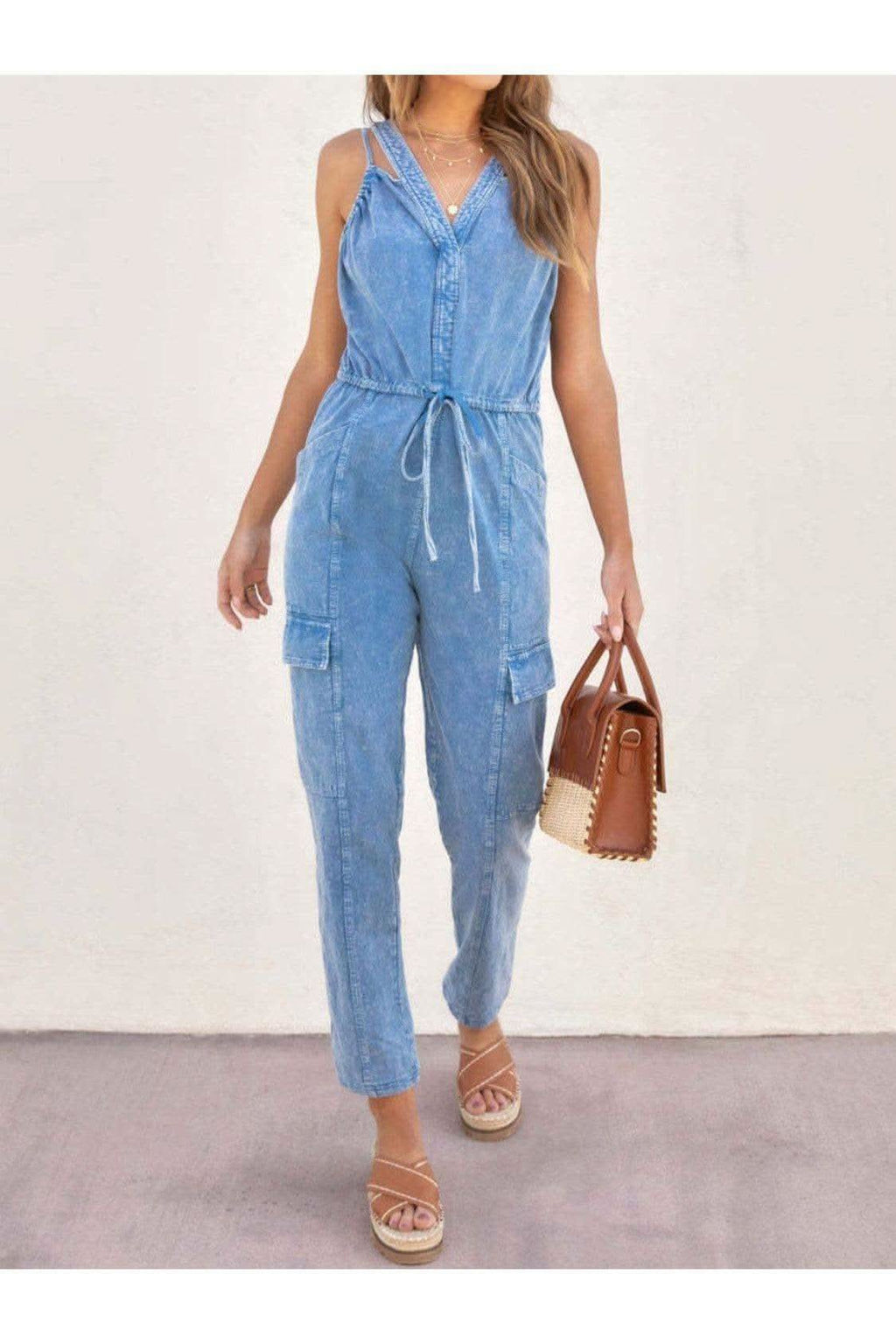 Daisy V-Neck Sleeveless Denim Jumpsuit - SwagglyLife Home & Fashion