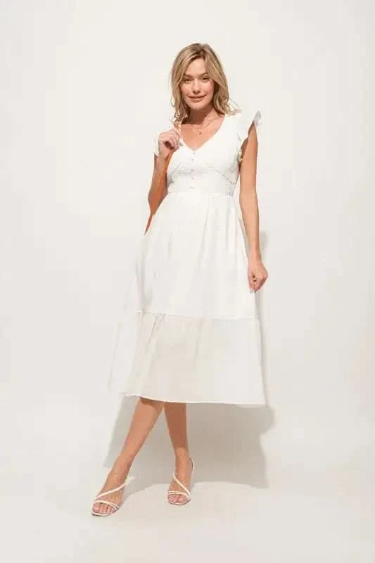 And The Why Ruffle Sleeve Front Smocked Tiered Midi Dress in - photo