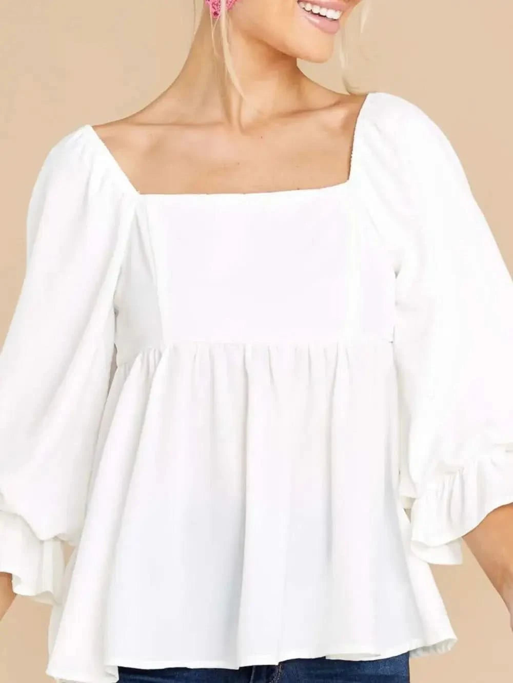 Smocked Square Neck Flounce Sleeve Blouse in - photo