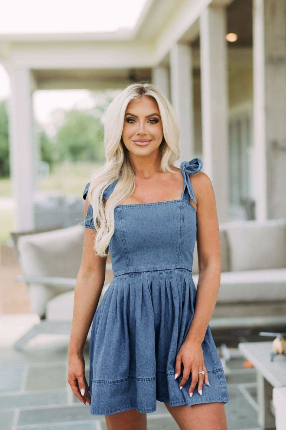 Square Neck Tie Shoulder Denim Dress in - photo