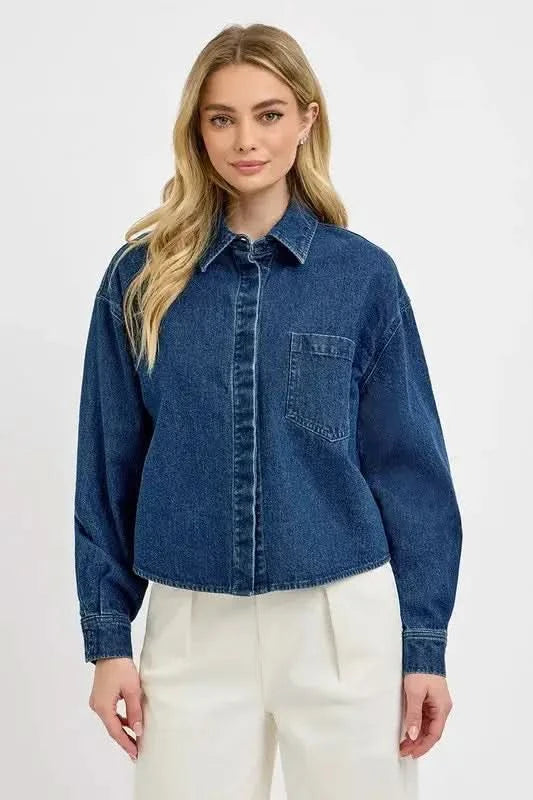 RISEN Button Up Long Sleeve Denim Shacket in - photo