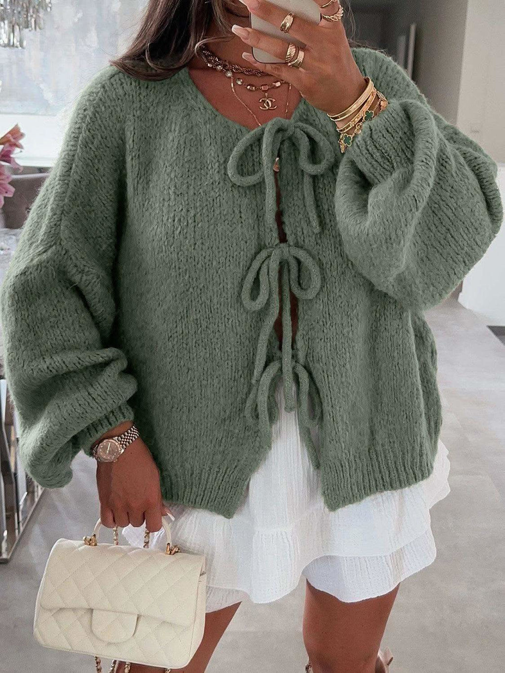 Tied Long Sleeve Dropped Shoulder Cardigan in Moss - photo