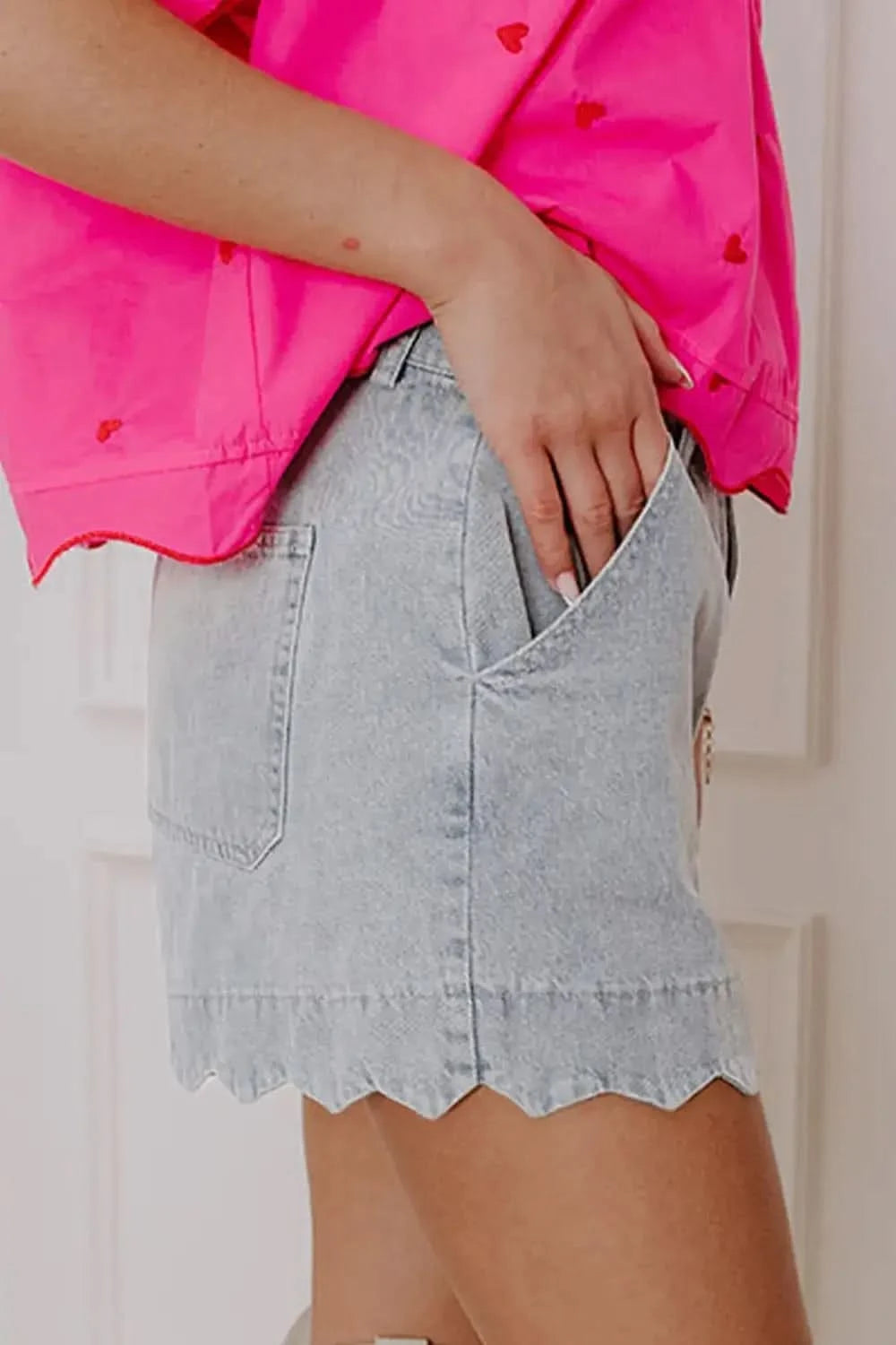 Scalloped Hem Denim Shorts in - photo