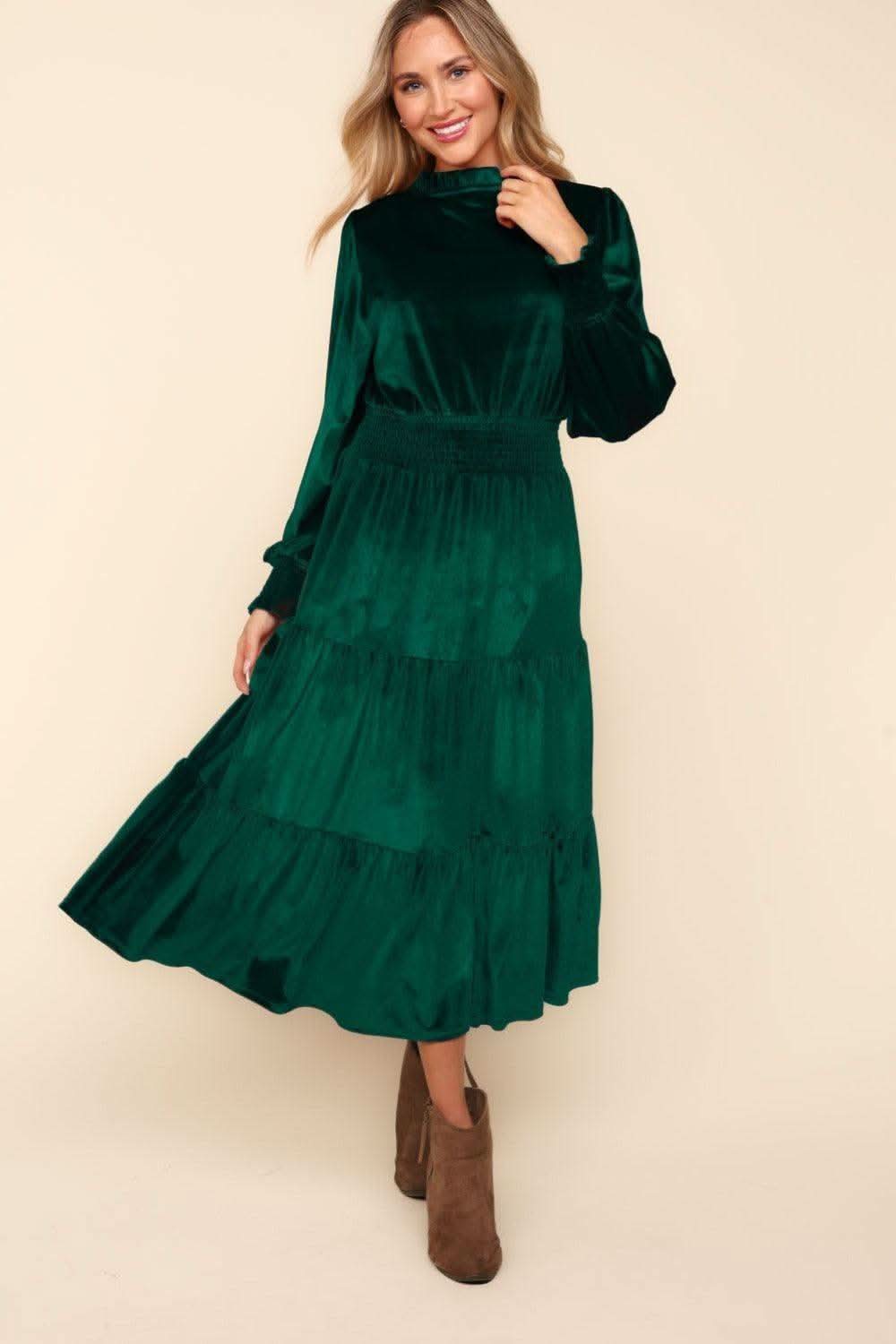 Haptics Mock Neck Smocked Waist Velvet Tiered Dress in Hunter Green - photo