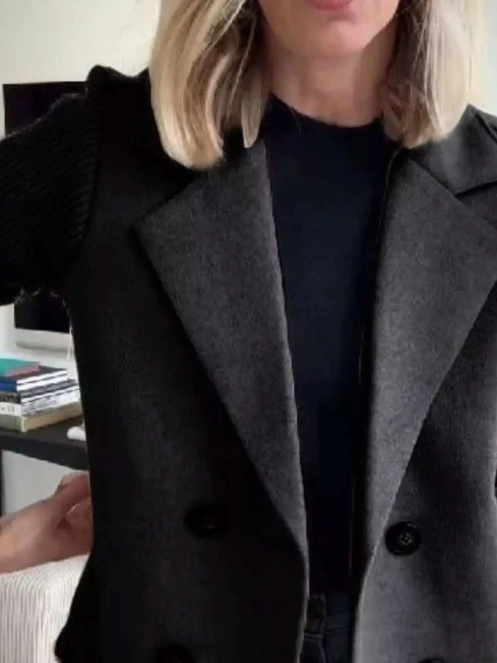 Knit Sleeve Double-Breasted Outerwear in - photo