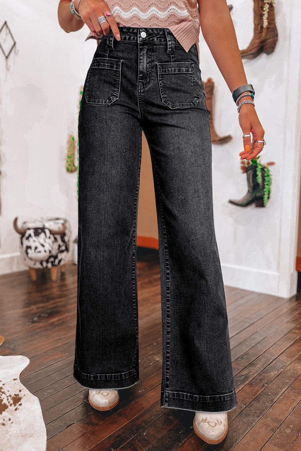 Victoria Wide Leg Pocketed High Waist Jeans in Black - Bottoms/Jeans photo