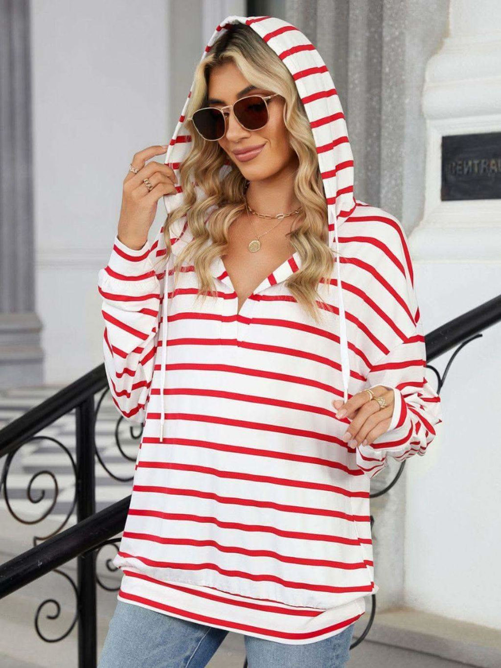 Drawstring Striped Long Sleeve Hoodie - SwagglyLife Home & Fashion