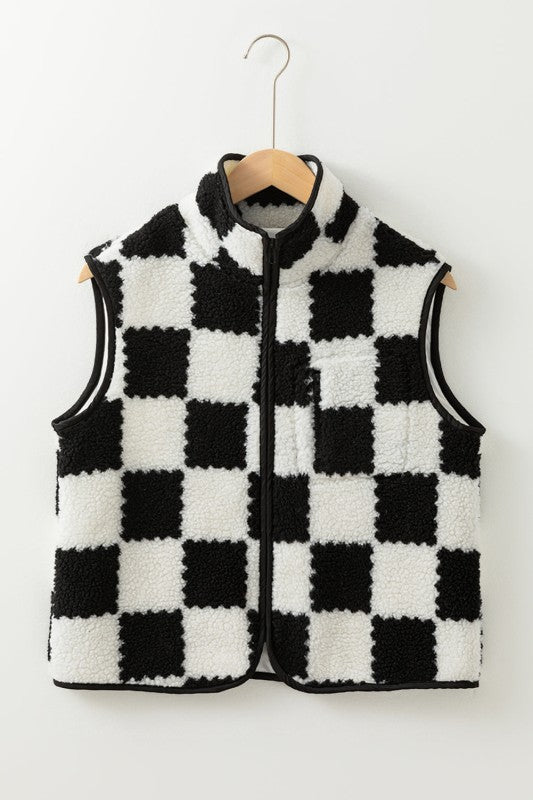 Checker Sherpa Collared Jacket Vest in - photo