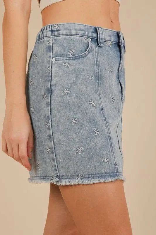 VERY J Bow Printed Casual Denim Mini Skirt - SwagglyLife Home & Fashion VERY J Bow Printed Casual Denim Mini Skirt - SwagglyLife Home & Fashion
