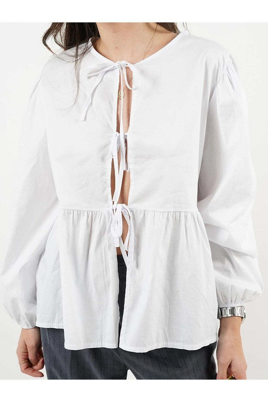 Susan Tied Round Neck Long Sleeve Blouse - SwagglyLife Home & Fashion