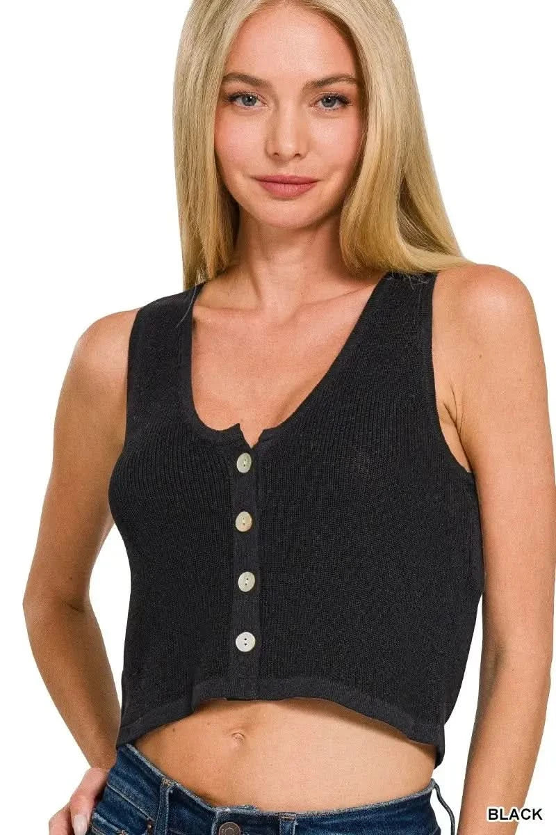 Zenana Button-up Cropped Sweater Vest in BLACK - photo