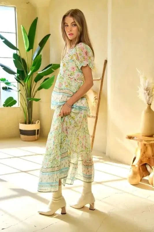 Davi & Dani Spring Floral Border Print Ruffled Textured Top - SwagglyLife Home & Fashion