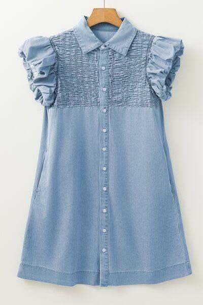 Smocked Collared Neck Cap Sleeve Denim Dress - SwagglyLife Home & Fashion