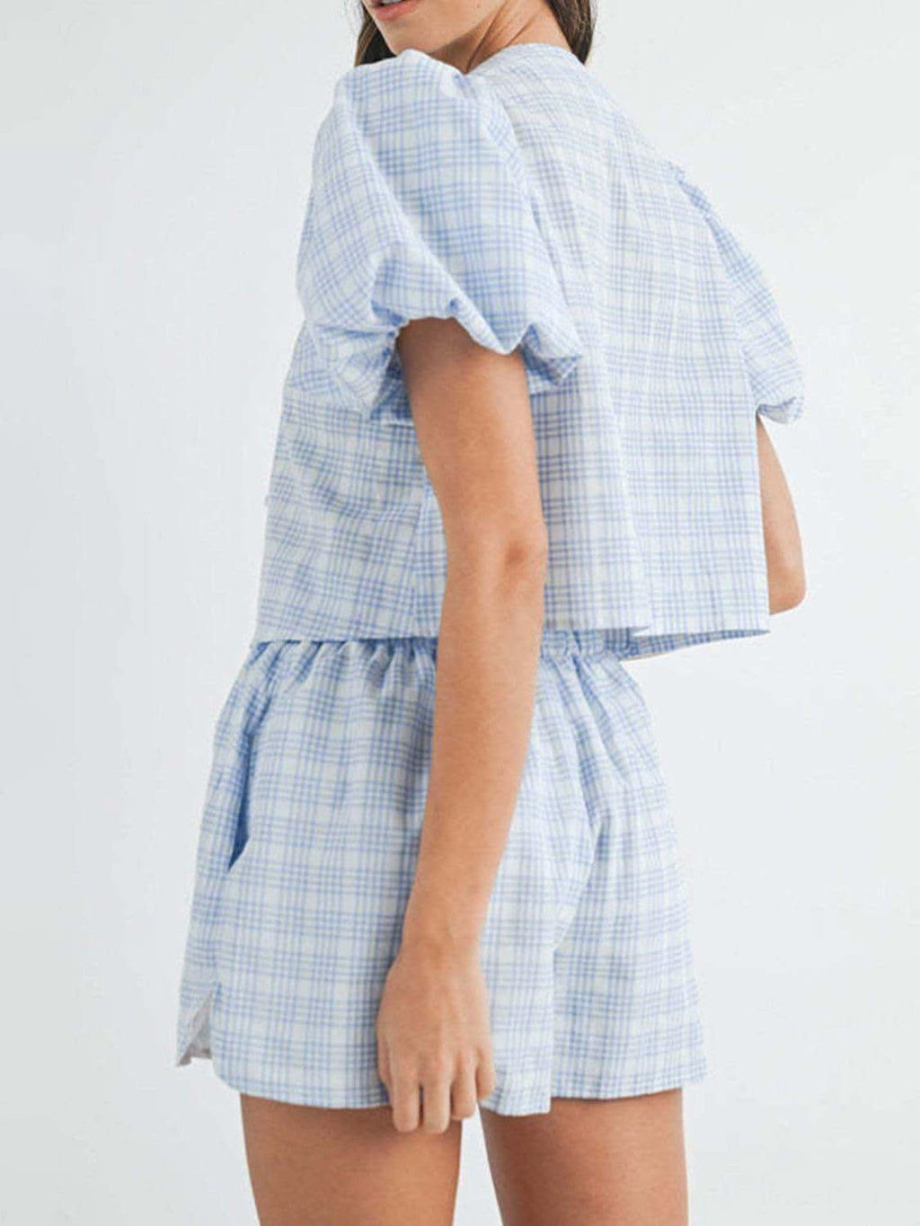 V-Neck Puff Sleeve Top and Shorts Set - SwagglyLife Home & Fashion