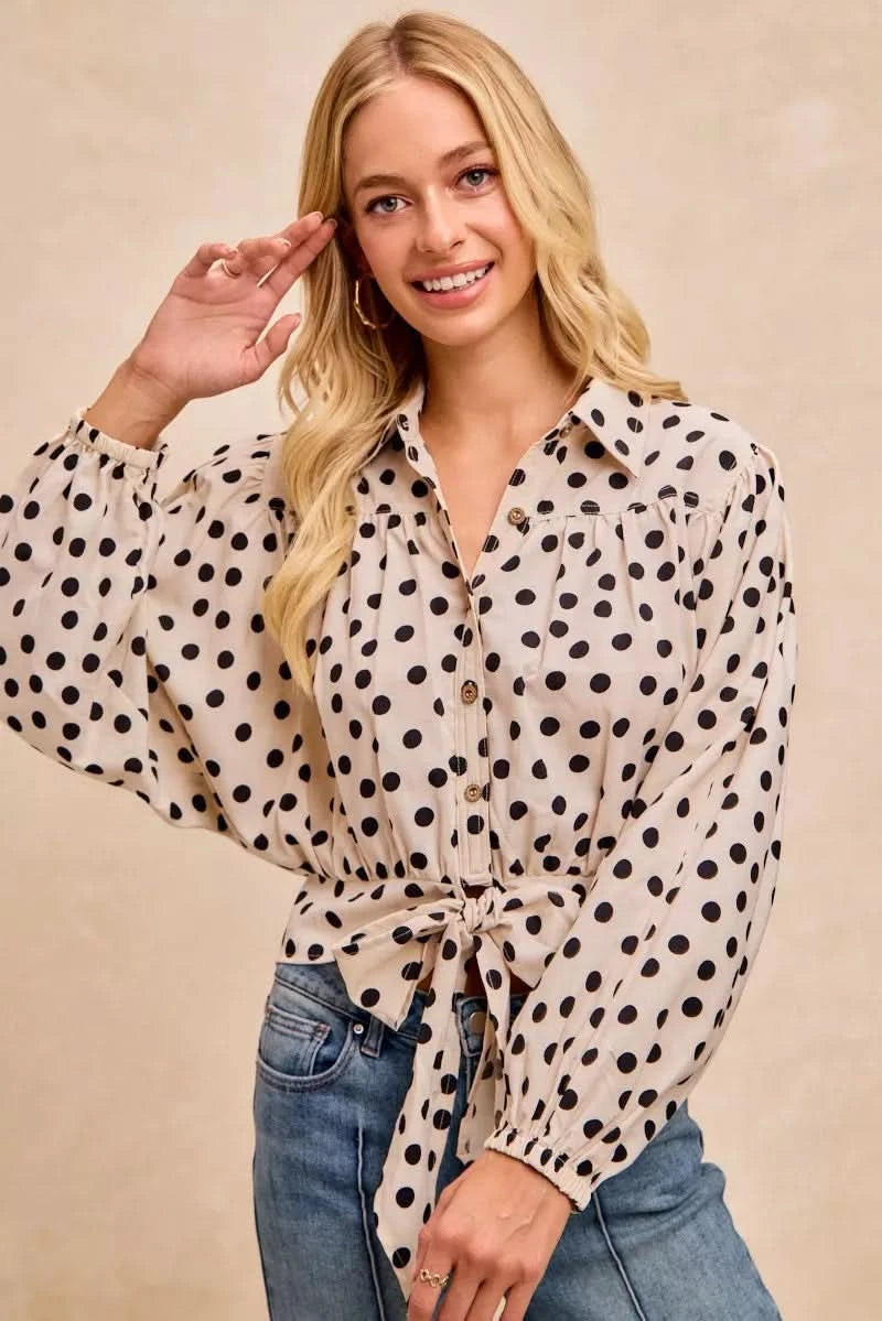 BiBi Polka Dot Print Tie Hem Detail Crop Shirt in - photo