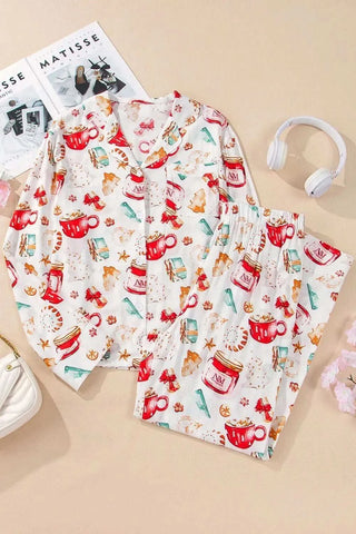 Cozy Printed Collared Neck Top and Pants Lounge Set - SwagglyLife Home & Fashion Cozy Printed Collared Neck Top and Pants Lounge Set - SwagglyLife Home & Fashion