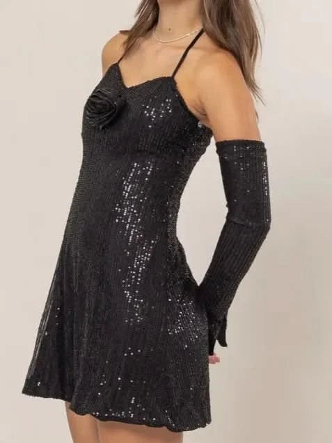 HYFVE Sequin Rosette Halter Mini Dress in BLACK - photo
