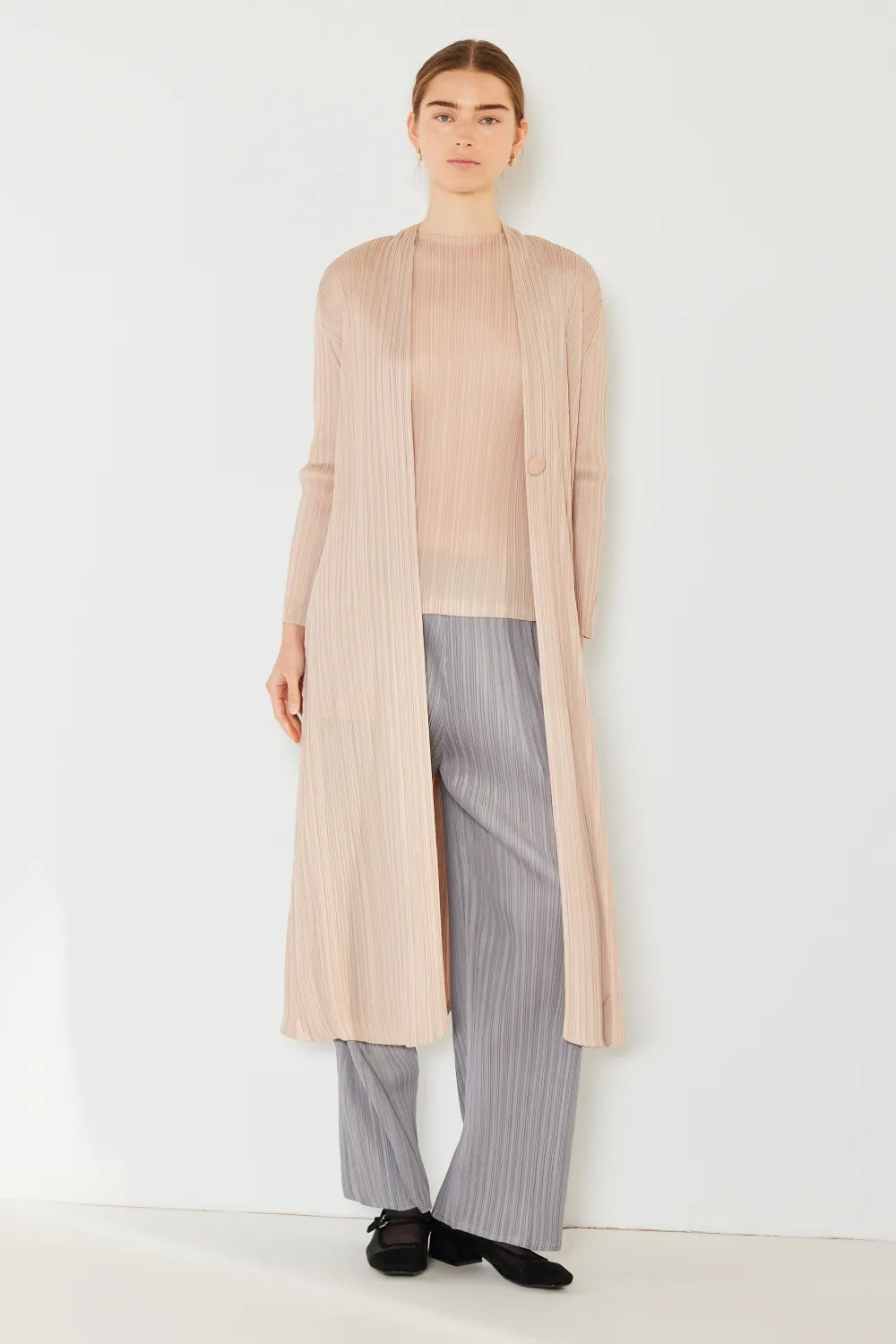 Marina West Swim Pleated Long Sleeve Cardigan in Beige - photo