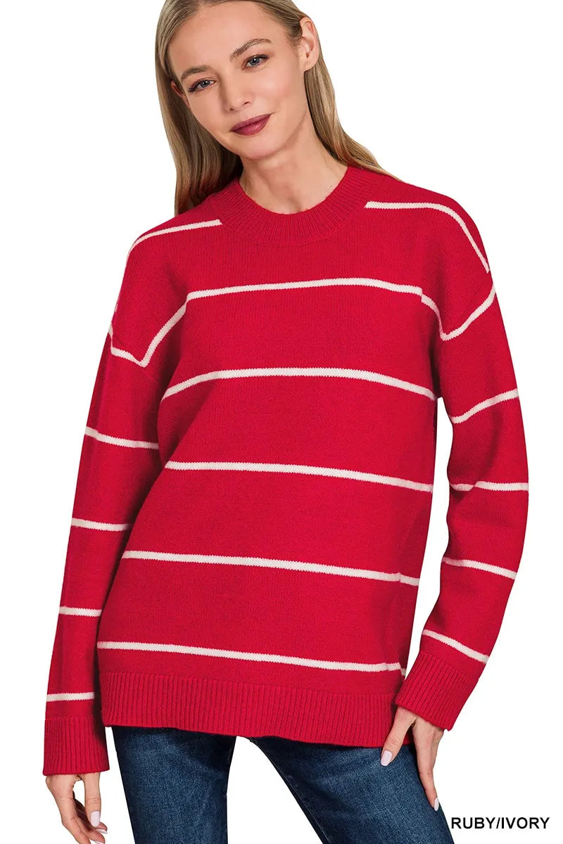 Zenana Round Neck Stripe Sweater in RUBY IVORY - photo