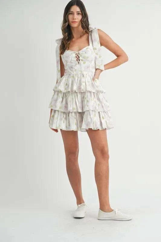 MABLE Floral Print Shoulder Tie Layered Mini Dress in - photo