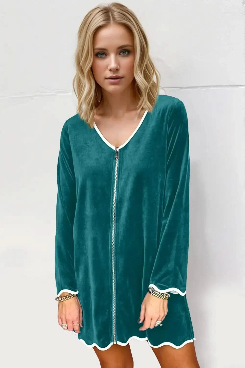 Double Take Wave Contrast Trim V-Neck Zip Up Long Sleeve Mini Dress in Teal - photo