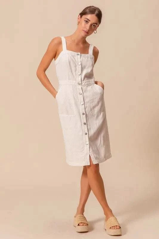 SO ME Button Down Pocket Front Pinafore Dress in OFF WHITE - photo