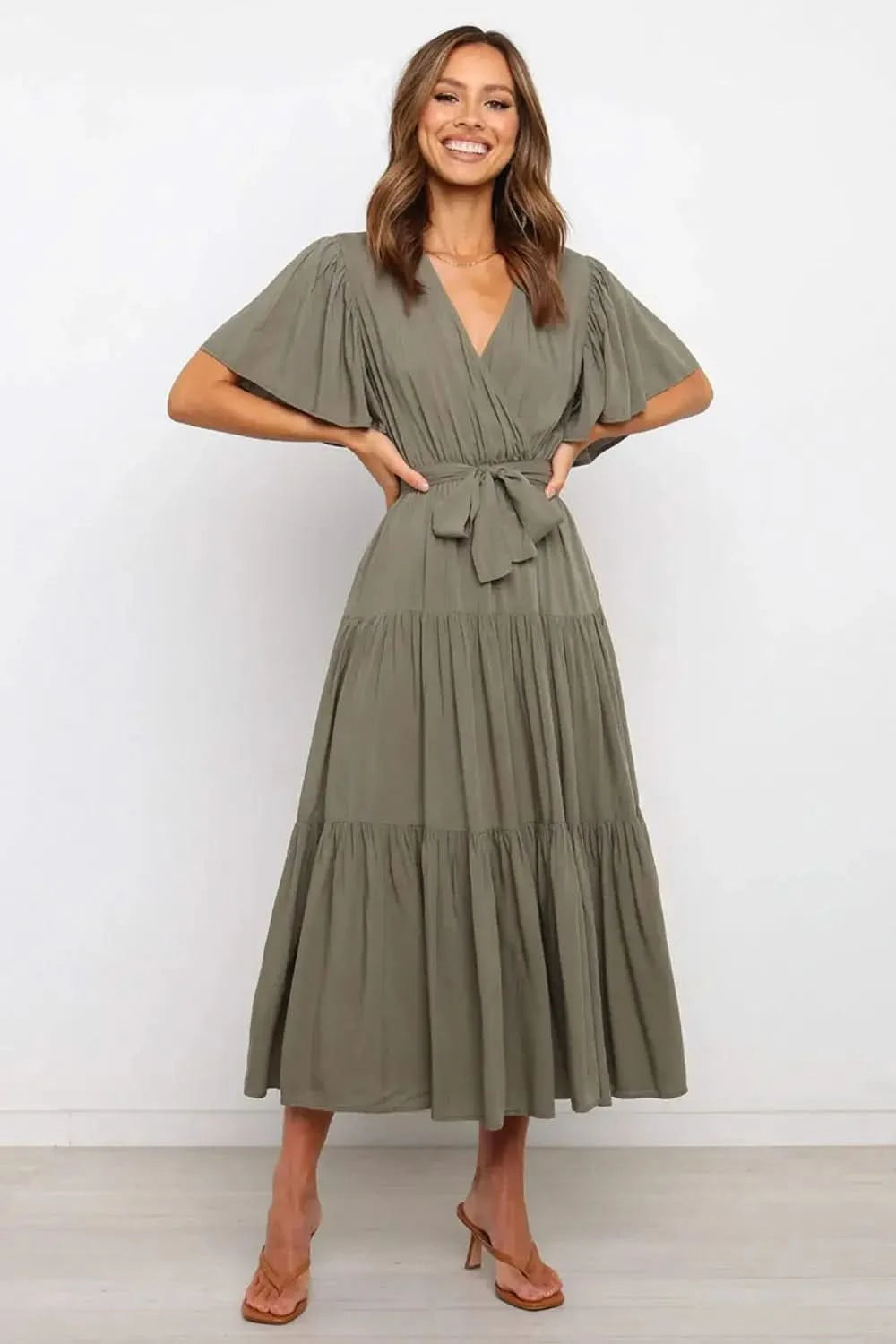 Tied Tiered Short Sleeve Midi Dress in - photo