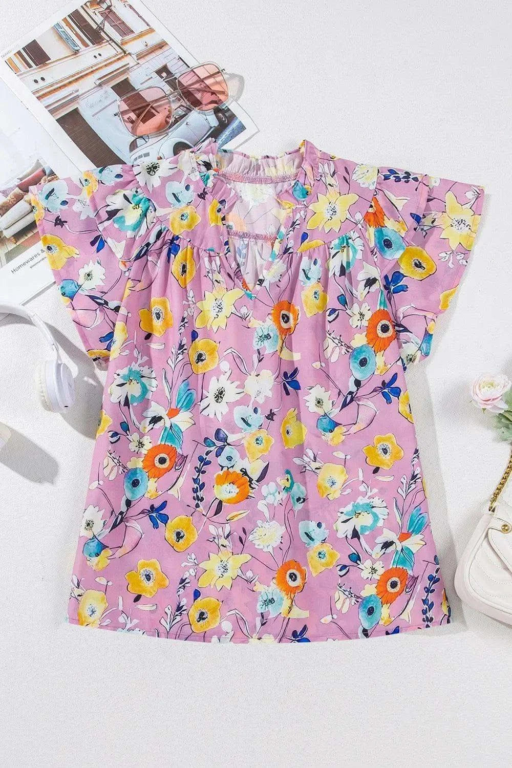 Printed Notched Double Layered Ruffle Sleeve Blouse - SwagglyLife Home & Fashion