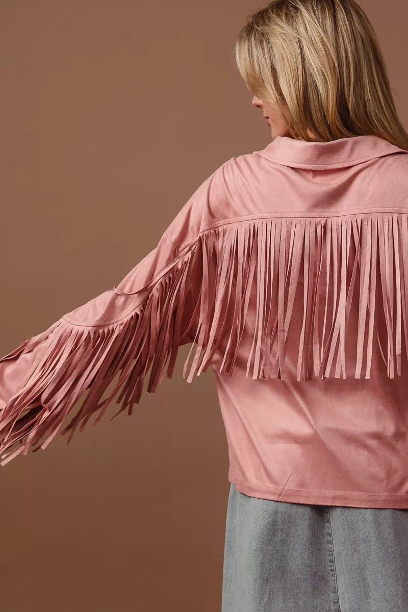 BiBi Suede Fringe Long Sleeve Jacket in - photo