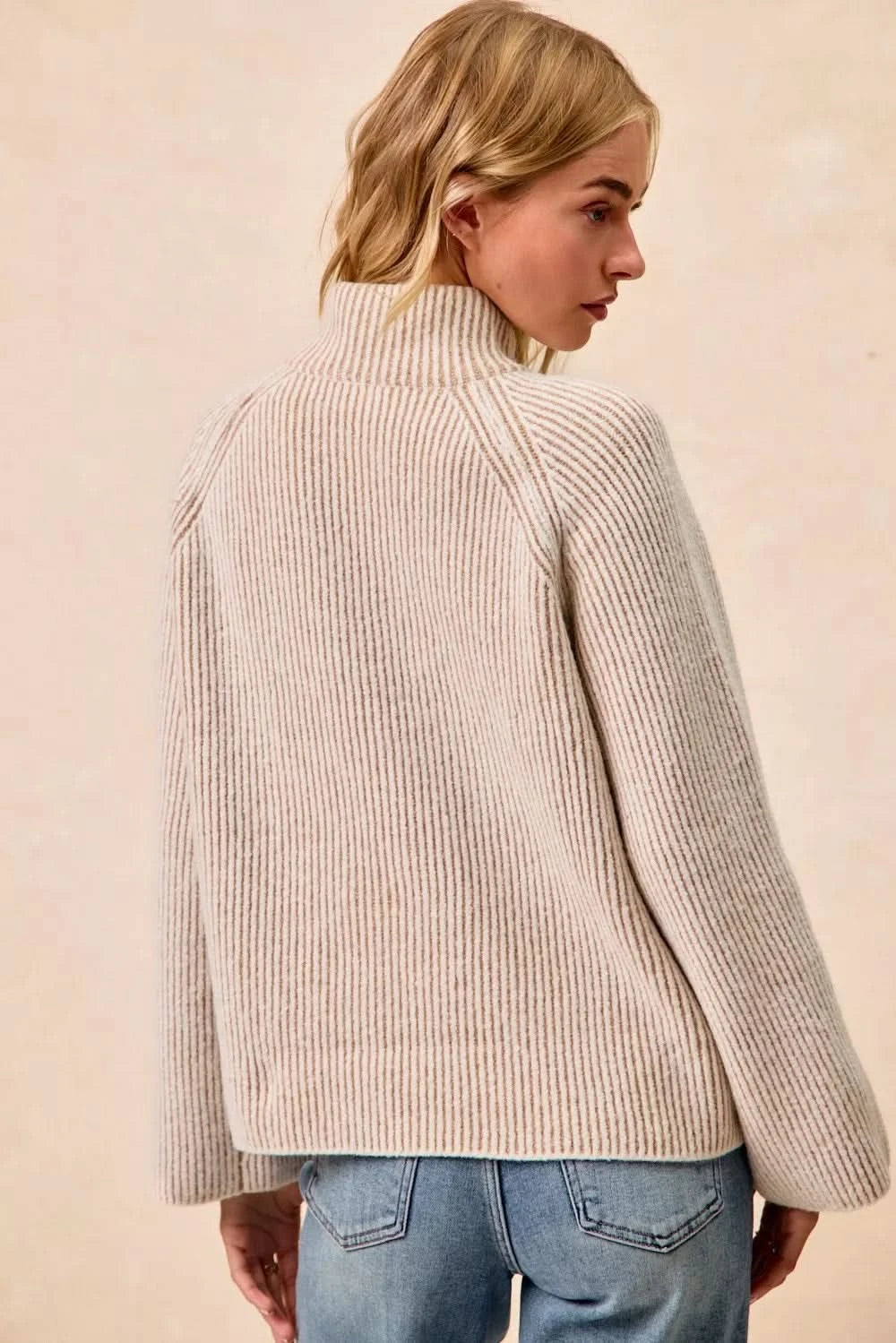 BiBi Two Tone Rib Texured Knit Collared Top with Zip Up in - photo