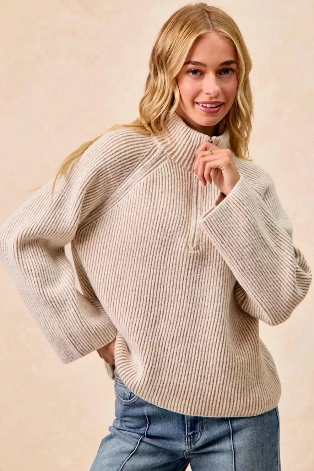 BiBi Two Tone Rib Texured Knit Collared Top with Zip Up in - photo