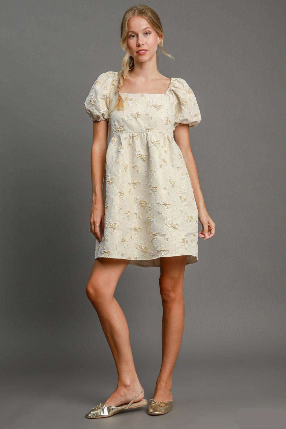Umgee Heart Jacquard Square Neck Puff Sleeve Mini Dress in Cream - Dresses photo