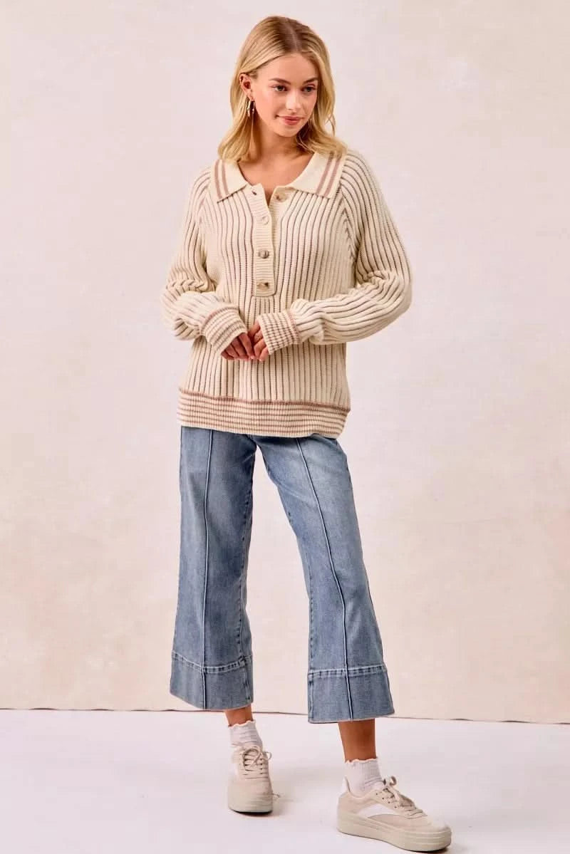 BiBi Half Button Ribbed Two Tone Sweater in - photo